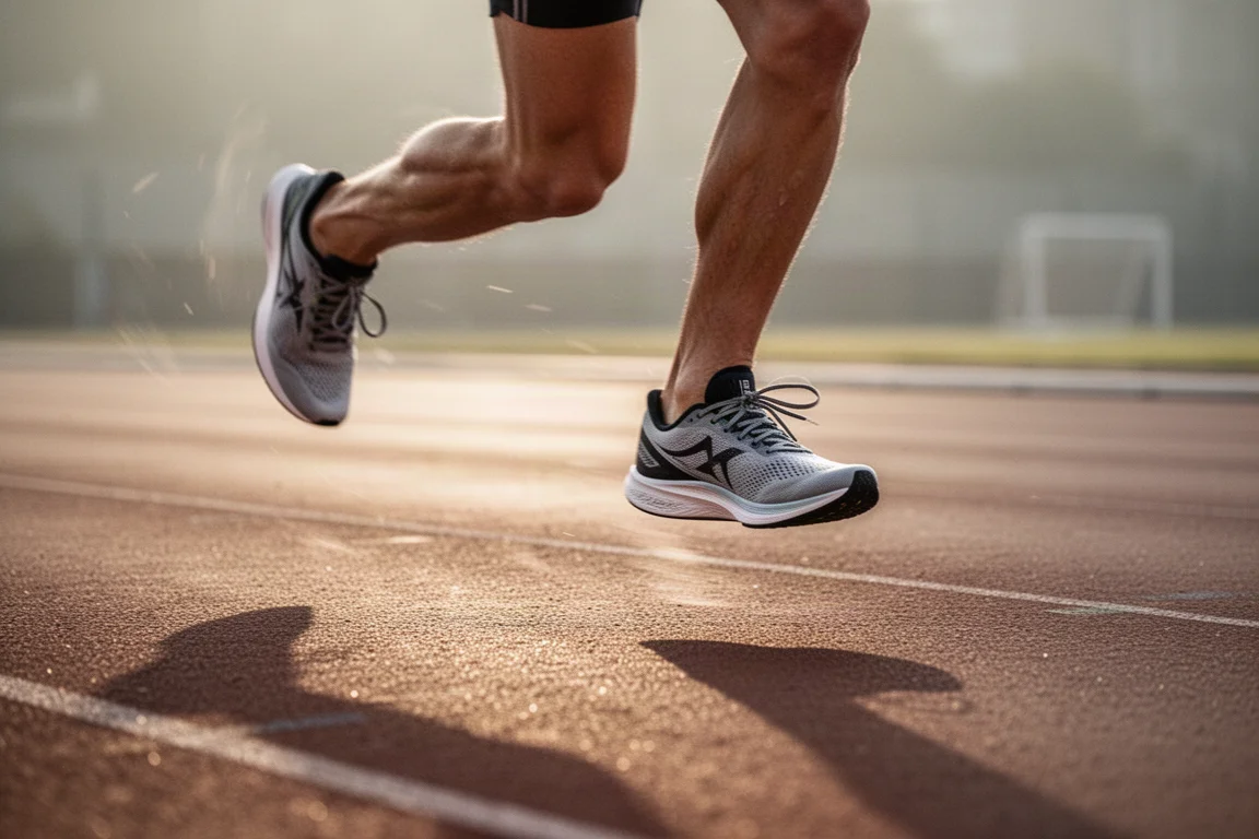 Les pieds d'un coureur frappant le bitume d'une piste lors d'un entraînement fractionné rapide