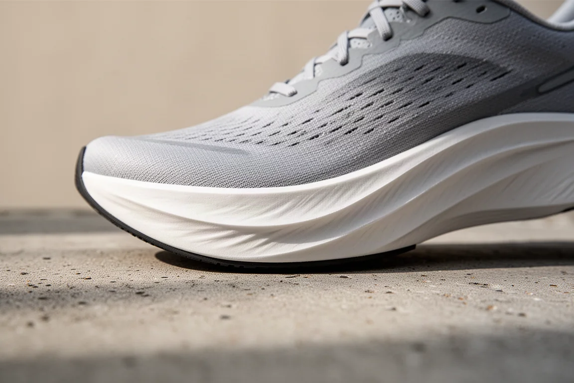 Gros plan sur l'intersemelle d'une chaussure de running montrant la géométrie des flancs et l'évasement de la semelle