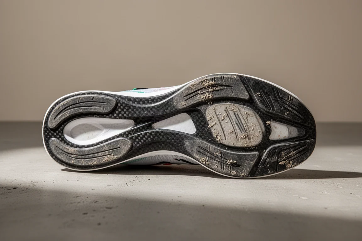 Semelle extérieure usée d'une chaussure de course après un kilométrage élevé, photographiée sur béton