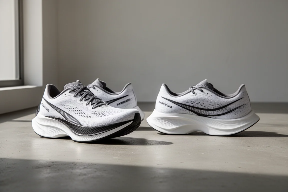 Two carbon-plated racing shoes side by side on a concrete surface