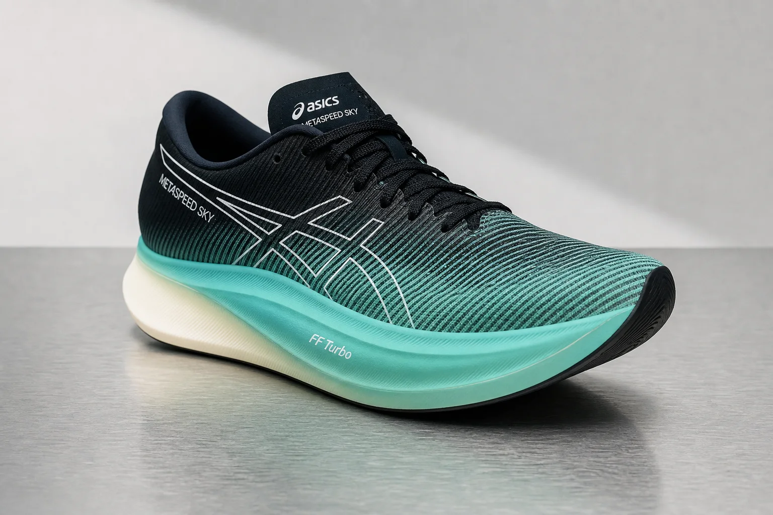 Five women's running shoes arranged in descending staircase pattern on concrete