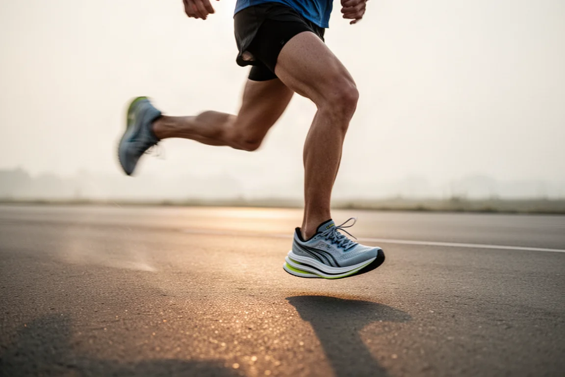 Runner striding on an open road in lightweight racing shoes at dawn