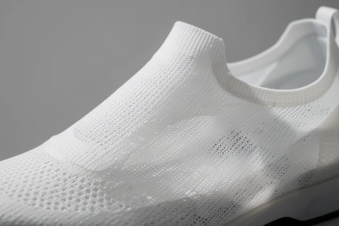 Close-up of a thin translucent racing shoe upper showing its lightweight weave