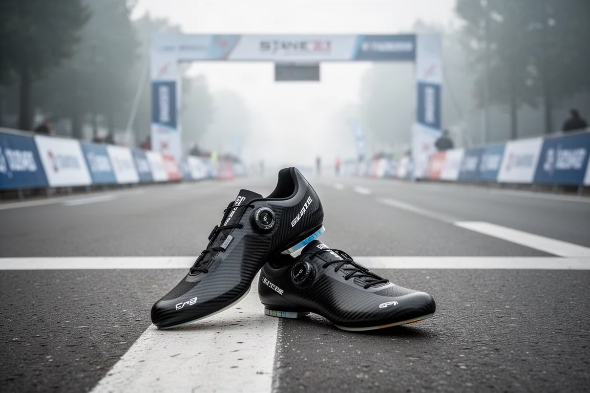 Racing shoes resting at the start line of a city marathon course