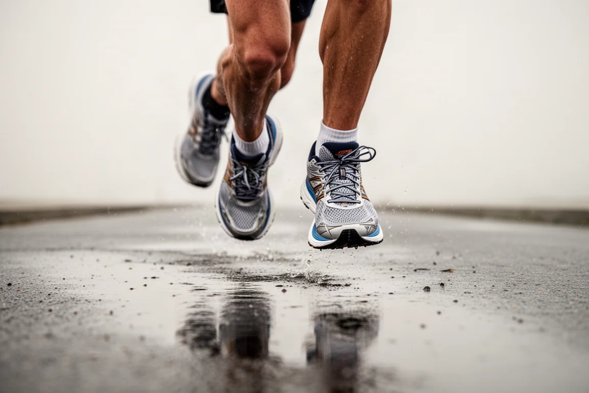 Runner's feet mid-stride on wet pavement wearing tall-stacked racers