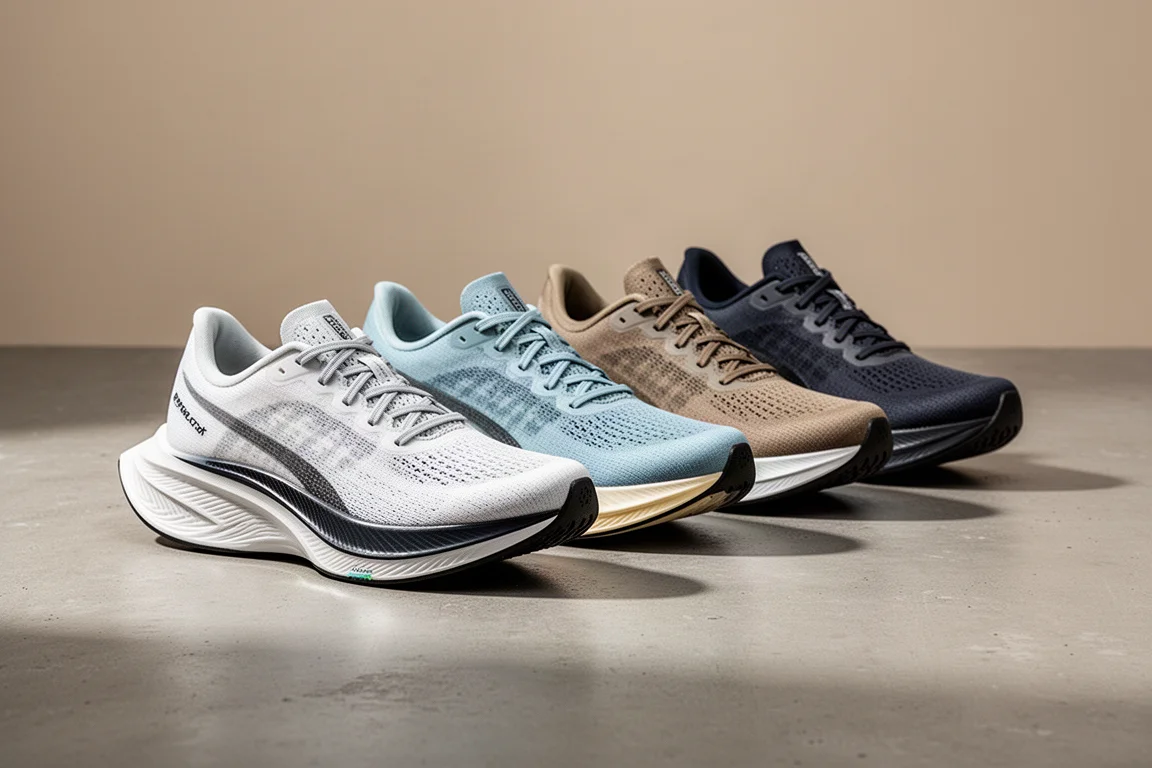 Four lightweight marathon racing shoes lined up on a concrete surface