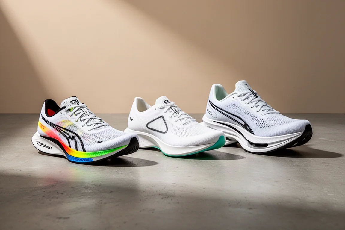 Three marathon racing shoes arranged side by side on a concrete surface