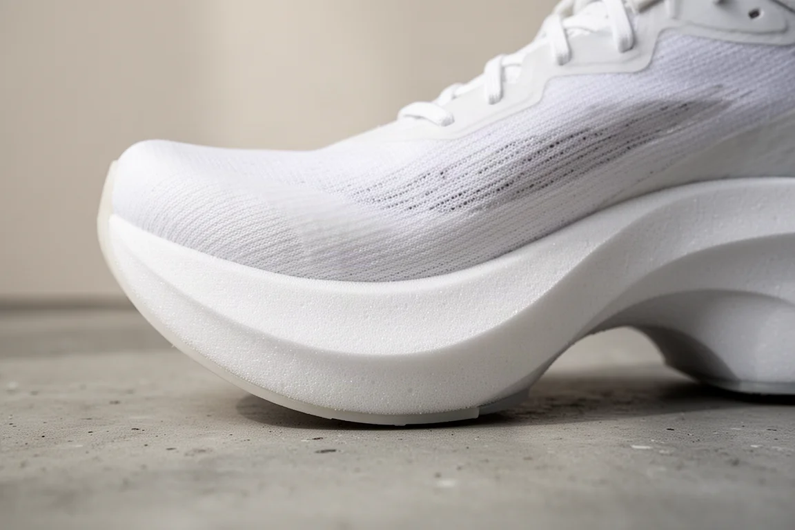 Zbliżenie na grubą piankę midsole z rockerem w bucie startowym