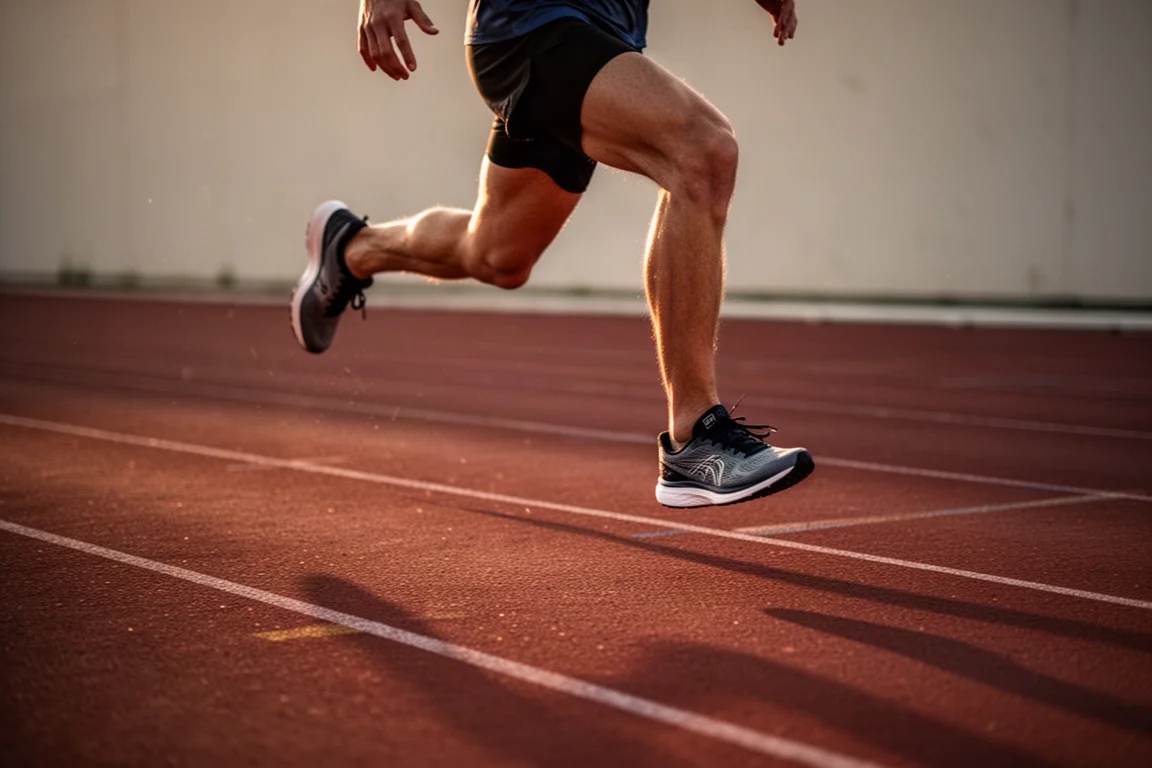 Biegacz nabierający tempa na bieżni lekkoatletycznej wcześnie wieczorem