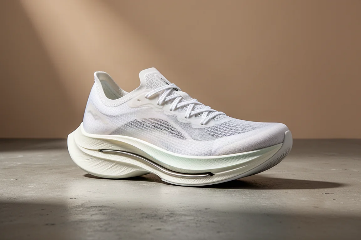 ASICS Metaspeed Sky racing shoe with thick rockered midsole on concrete surface