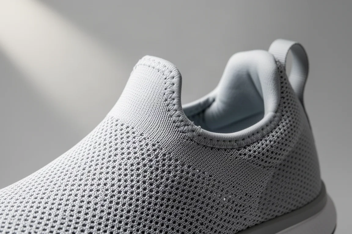 Close-up van een lichtgewicht carbon raceschoen bovenwerk met ademend mesh-textuur