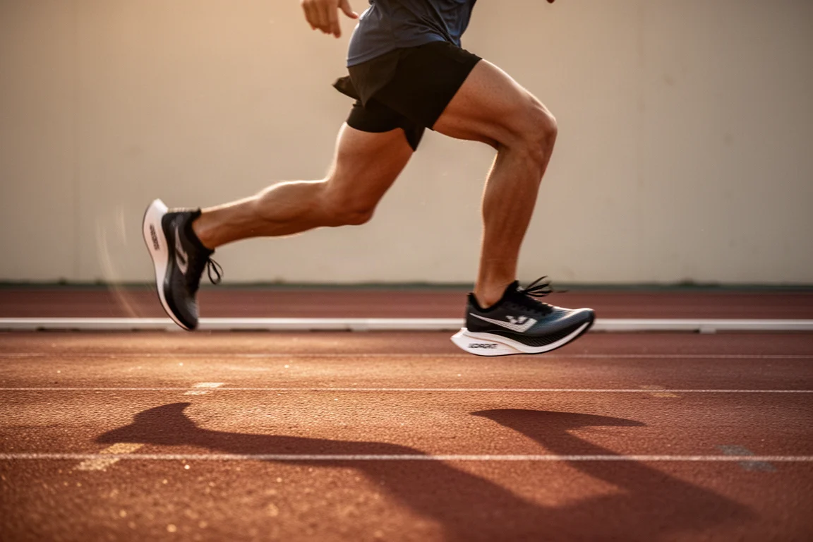 Hardloper in raceschoenen loopt over een atletiekbaan in warm avondlicht