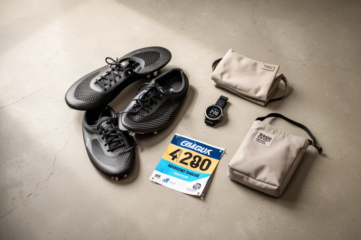Race-dag flatlay van raceschoenen, startnummer en sporthorloge op een betonnen vloer