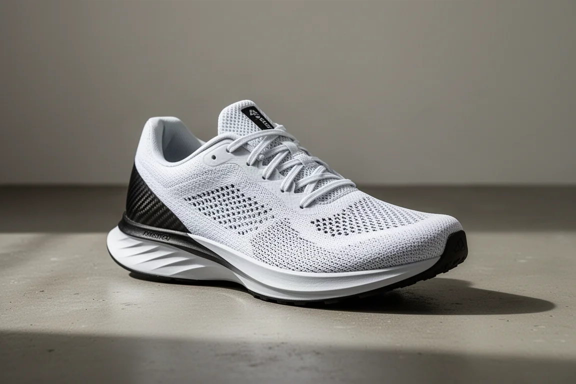 Lightweight carbon plate racing shoe on a concrete surface