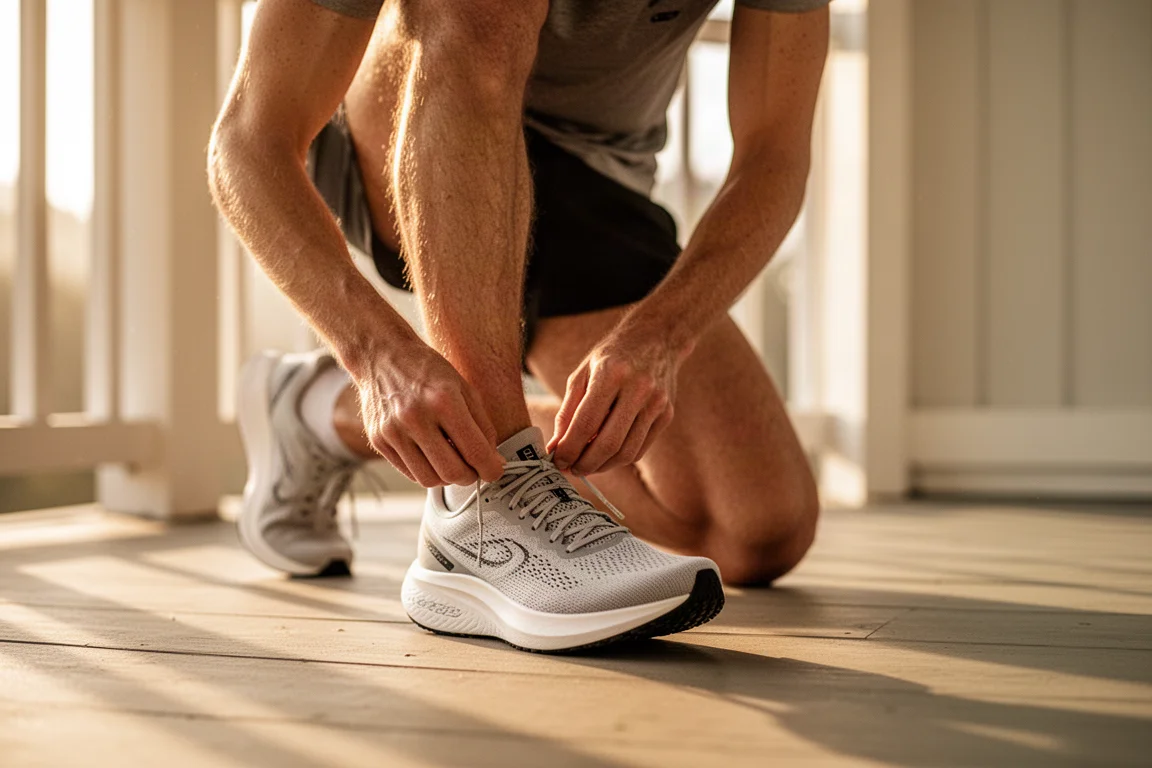 Läufer schnürt vor einem Lauf in den frühen Morgenstunden die Schnürsenkel eines leichten Wettkampfschuhs