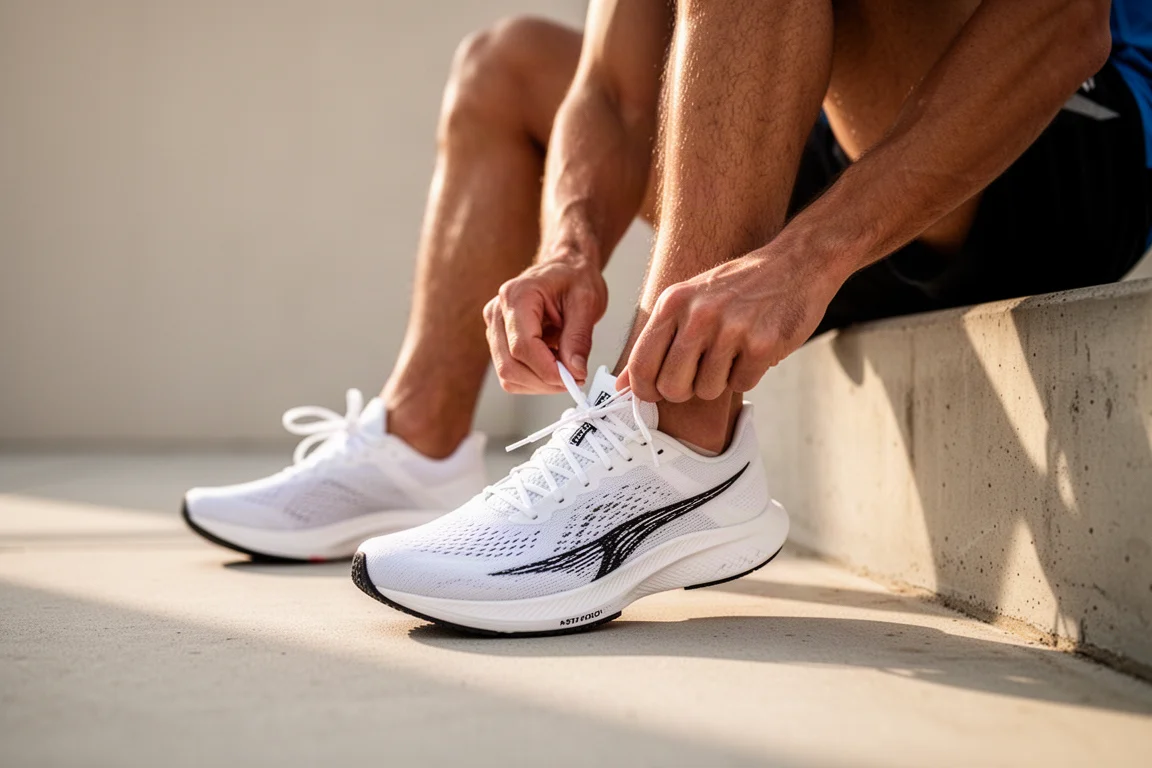 Close-up of a layered midsole foam on a racing shoe