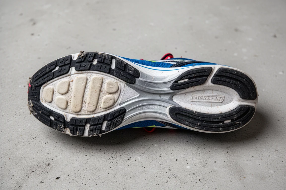 Outsole rubber showing wear on a road racing shoe