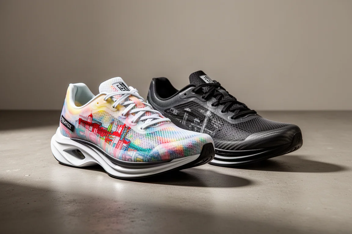 Two carbon-plate racing shoes side by side on a concrete surface