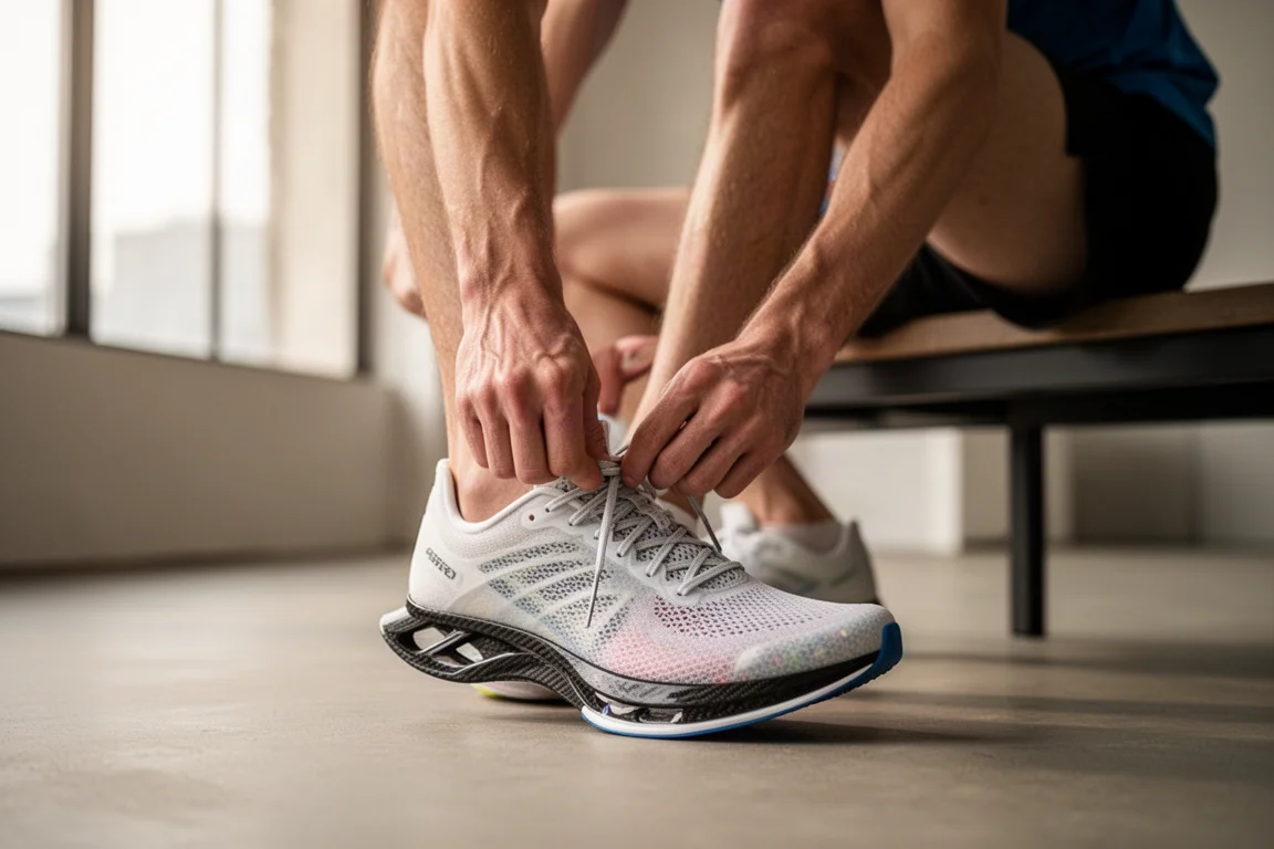 Läufer schnürt vor einem frühmorgendlichen Lauf ein Paar leichte Racing-Schuhe mit Carbonplatte