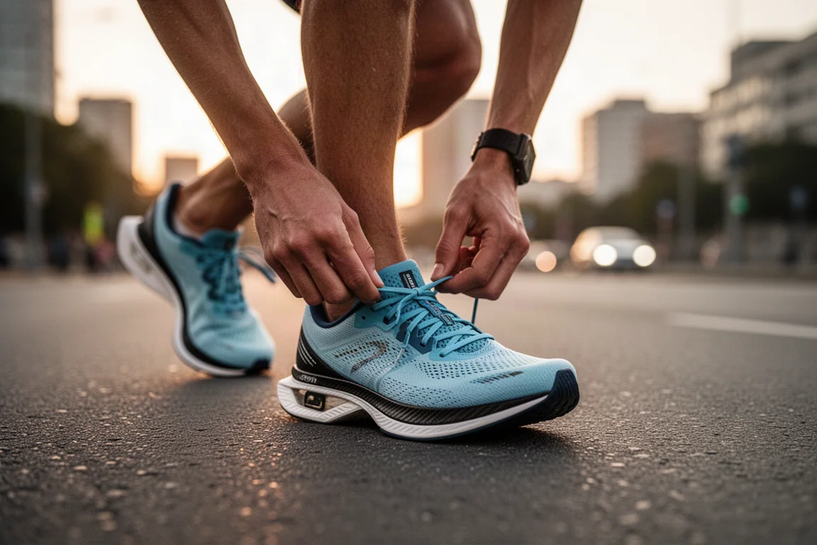 Runner che allaccia una scarpa da gara leggera prima di una corsa su strada