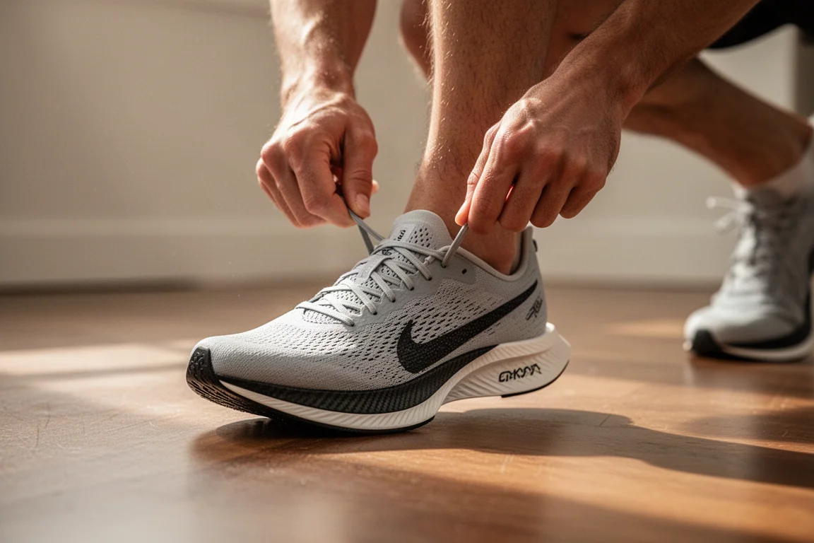 Un runner allaccia una scarpa da corsa con placca in carbonio su un pavimento di legno prima di una corsa al mattino presto