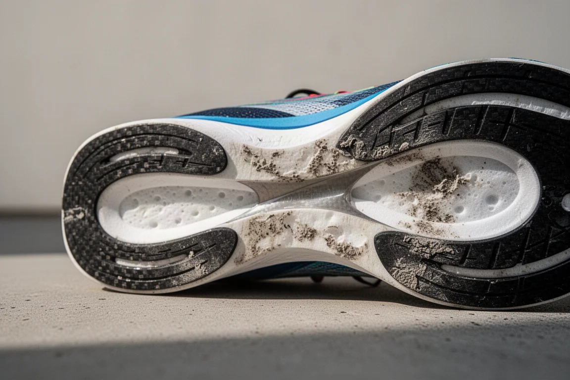 Primo piano della midsole consumata di una scarpa da corsa con compressione e usura della suola esterna