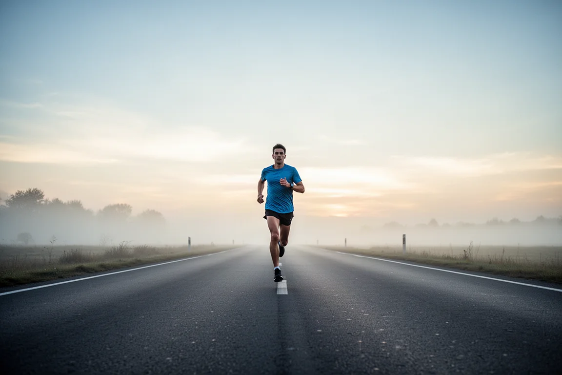 Un runner in un allenamento a ritmo moderato su una strada aperta all'alba