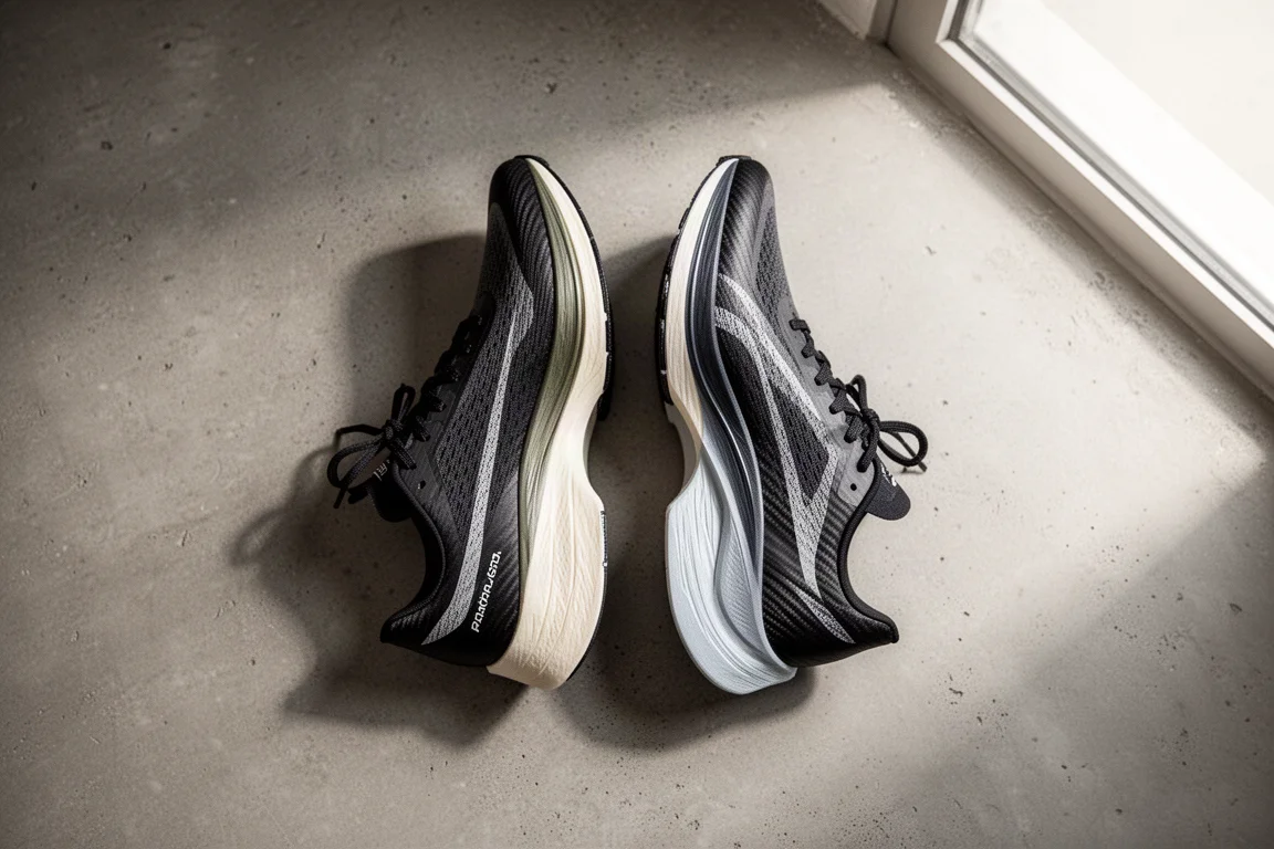 Due scarpe da corsa affiancate su cemento con design delle midsole a confronto