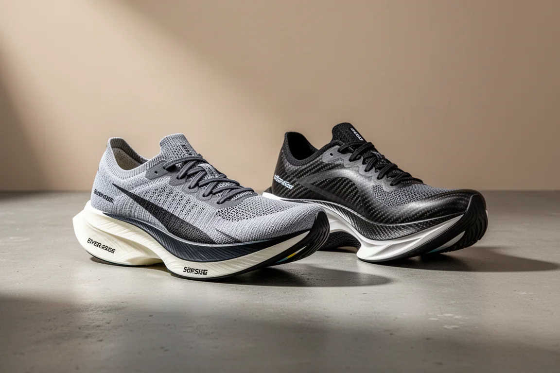 Zwei Wettkampfschuhe mit Carbonplatte nebeneinander auf einer Betonoberfläche