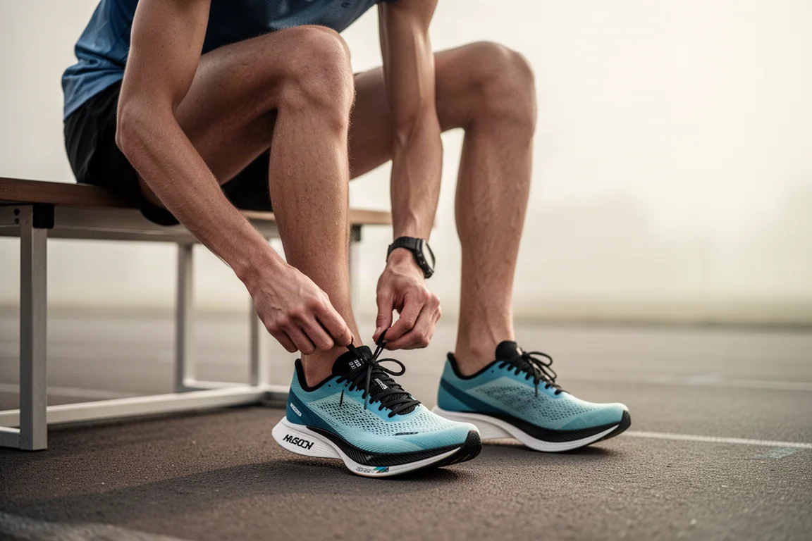 Corredor atándose unas zapatillas de competición ligeras antes de una carrera en carretera