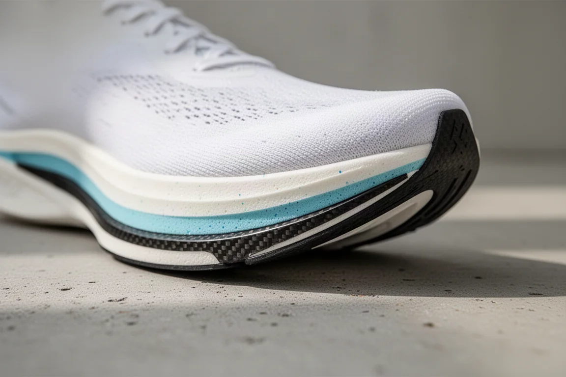 Primer plano de una mediasuela recortada con talla escultórica en una zapatilla de competición de carbono