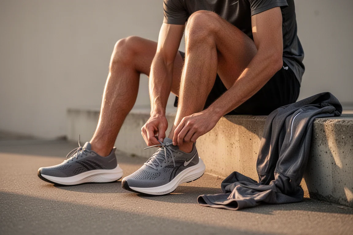 Läufer schnürt die Schnürsenkel eines leichten Wettkampfschuhs vor einem langen Lauf