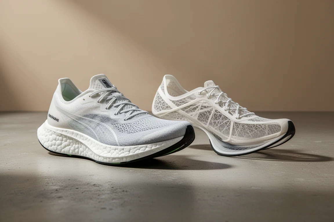 Two lightweight marathon racing shoes side by side on a concrete surface
