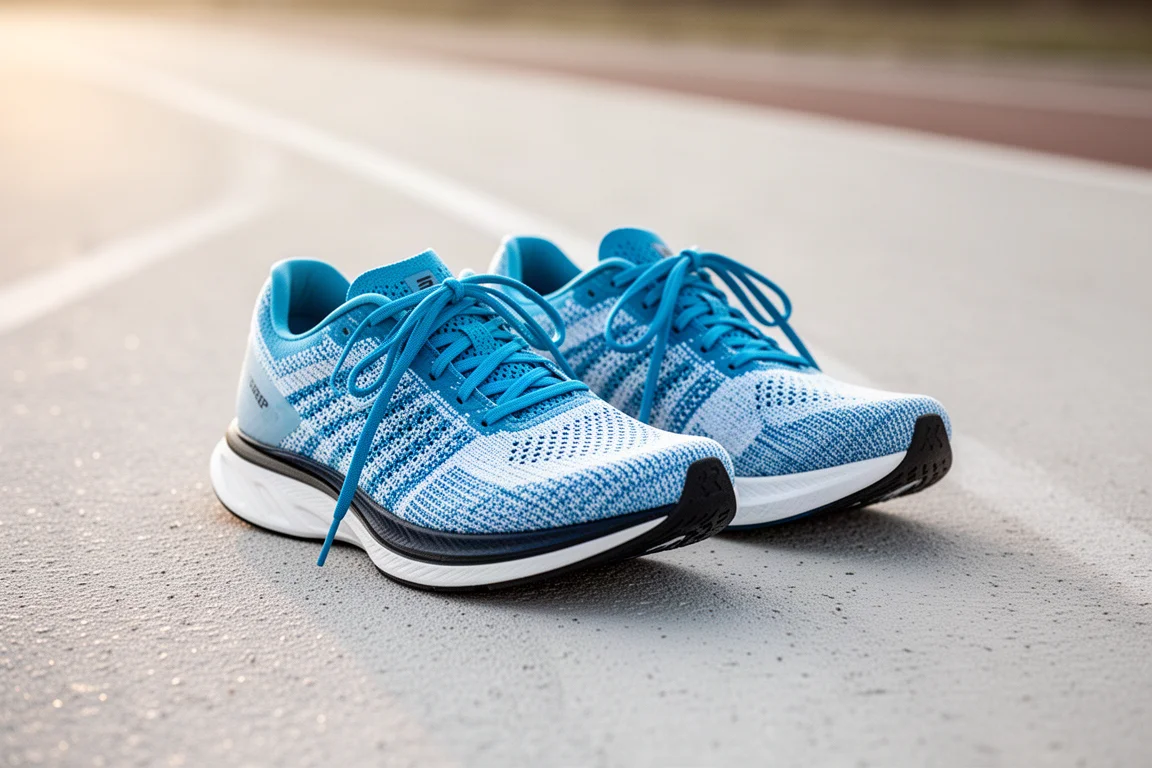 Runner tightening laces on a pair of carbon-plated racing shoes at a track