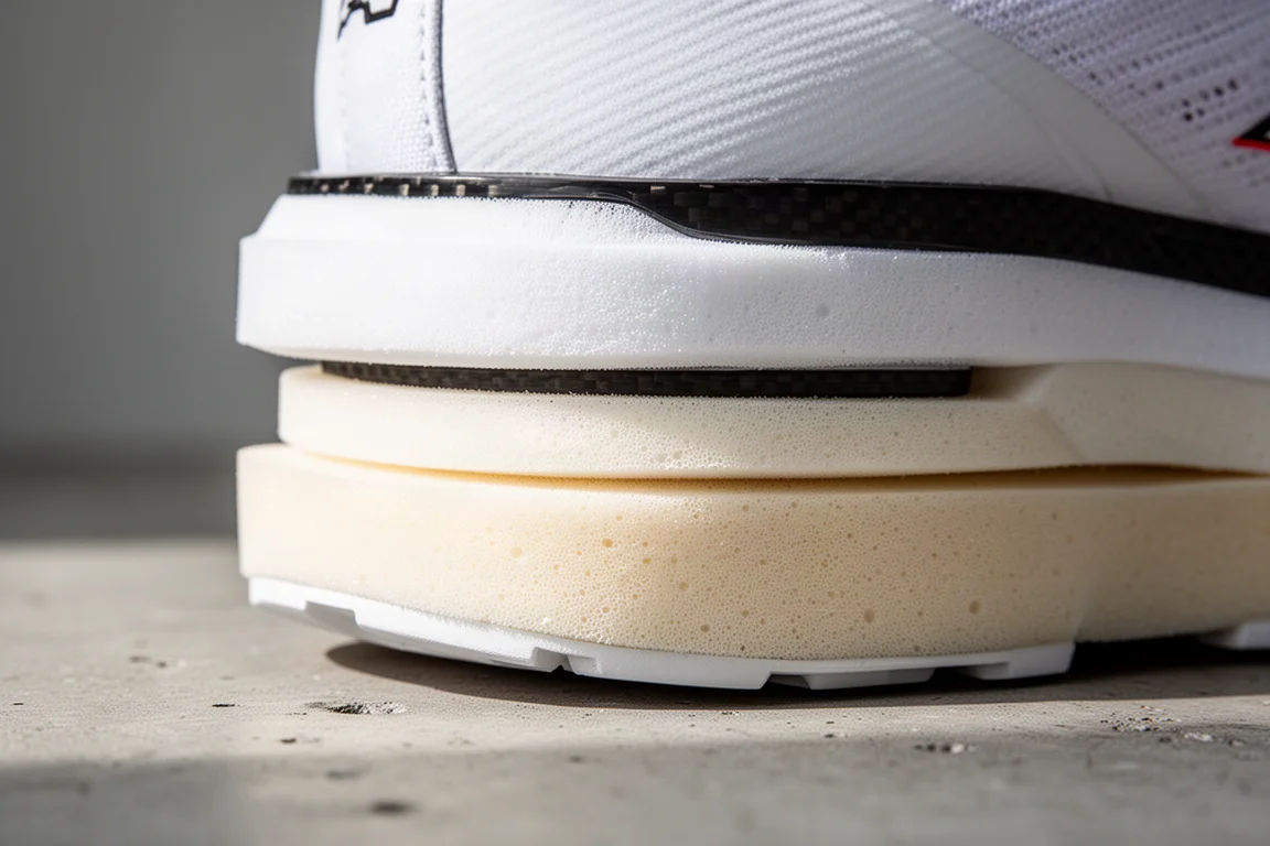 Close-up of layered midsole foams in a carbon racing shoe