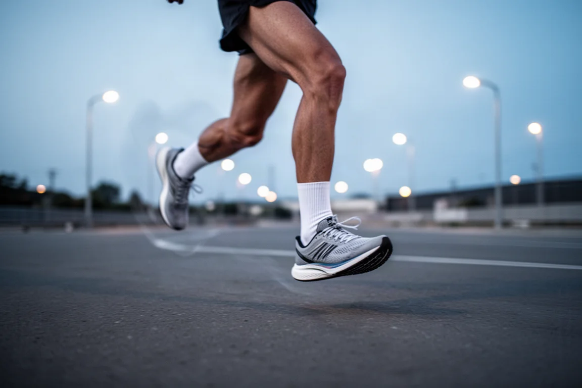 Runner mid-stride on an open road at dusk