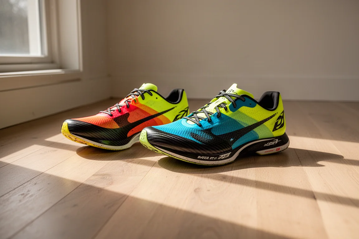 Two racing shoes side by side on a wooden floor after a run