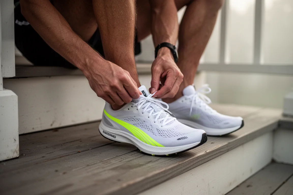 Runner che allaccia una leggera scarpa da gara con placca in carbonio su un portico prima dell'allenamento