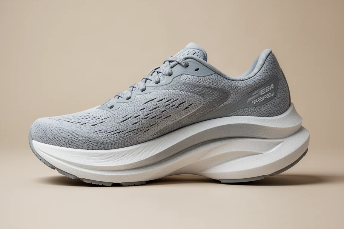 Dettaglio della midsole di una scarpa da gara con placca in carbonio che mostra la geometria curva della schiuma