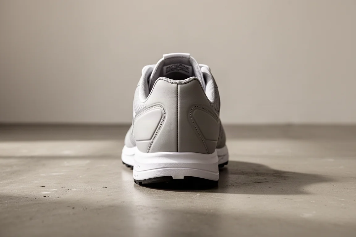 Midsole di una scarpa da running vista da dietro con larghezza del tallone e posizione della placca
