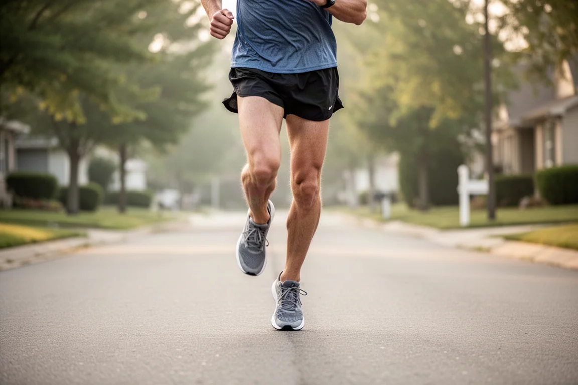 Runner che scorre su una strada di quartiere a un ritmo facile e conversazionale