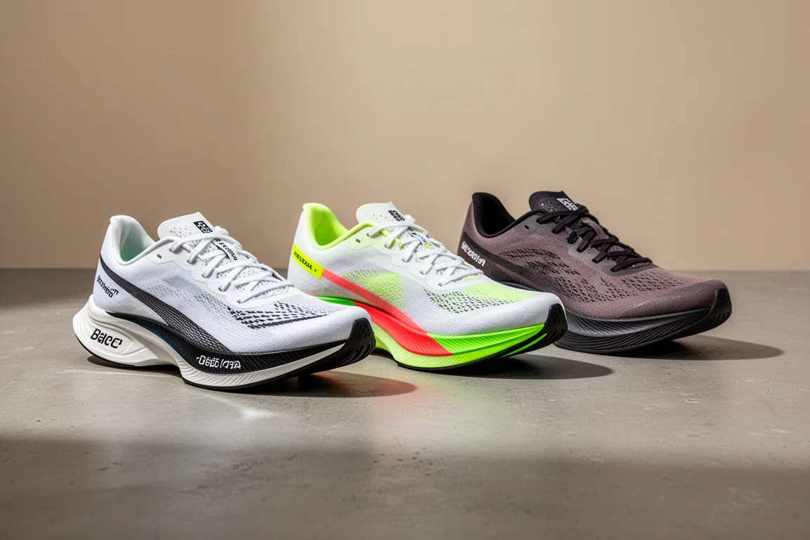 Three carbon-plated road racing shoes lined up on a concrete surface