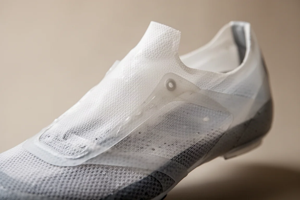 薄く通気性のあるメッシュが見えるレーシングシューズのアッパーのディテール