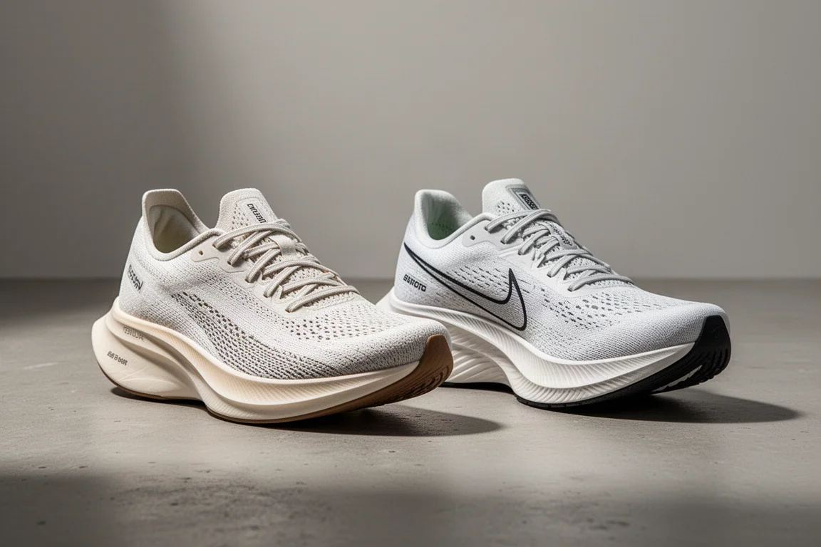 Two marathon racing shoes side by side on a matte concrete surface