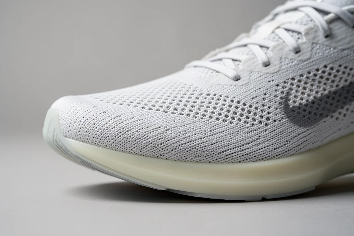 Nahaufnahme eines dünnen, atmungsaktiven Laufschuh-Obermaterials und weicher Zwischensohlen-Schaumstoff