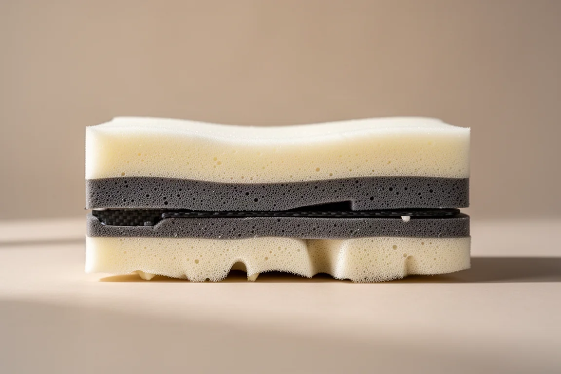 Detail einer mehrlagigen Dual-Density-Zwischensohle mit Carbon-Platten-Struktur