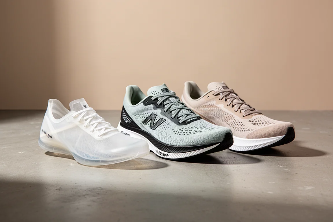 Three carbon-plate racing shoes side by side on a concrete surface