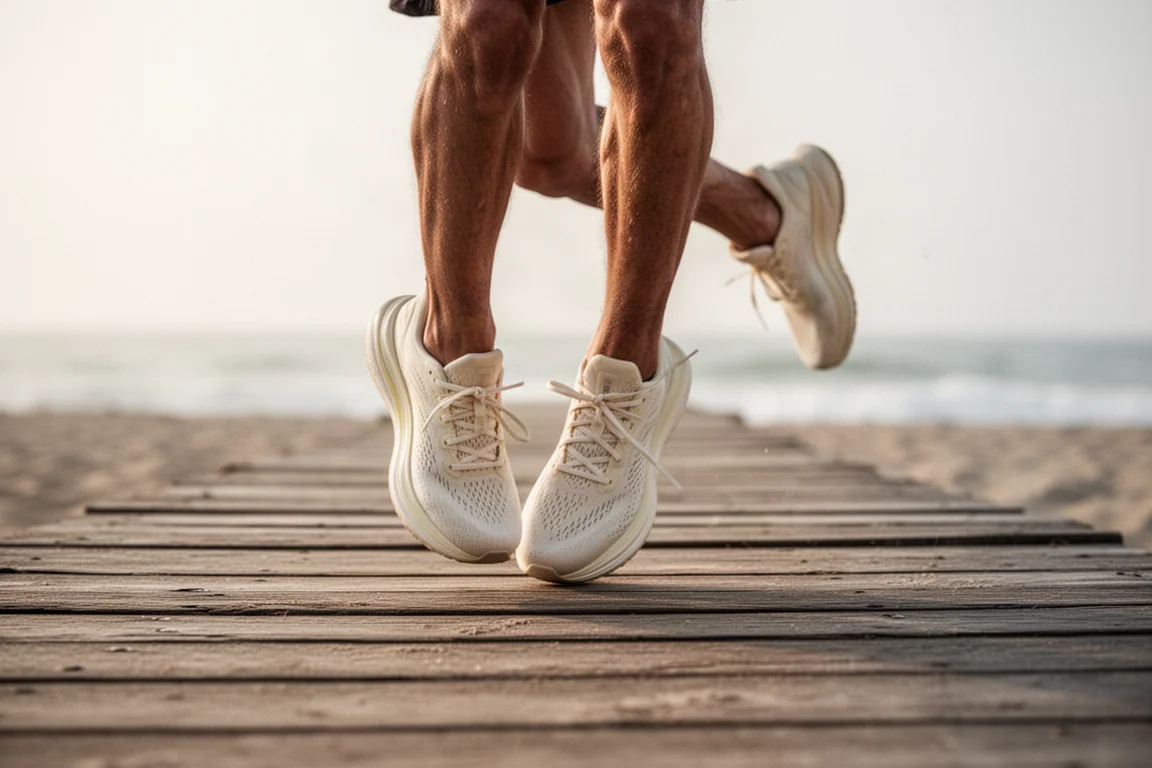 Pieds d'un coureur dans des chaussures de running crème à amorti sur une promenade en bord de plage