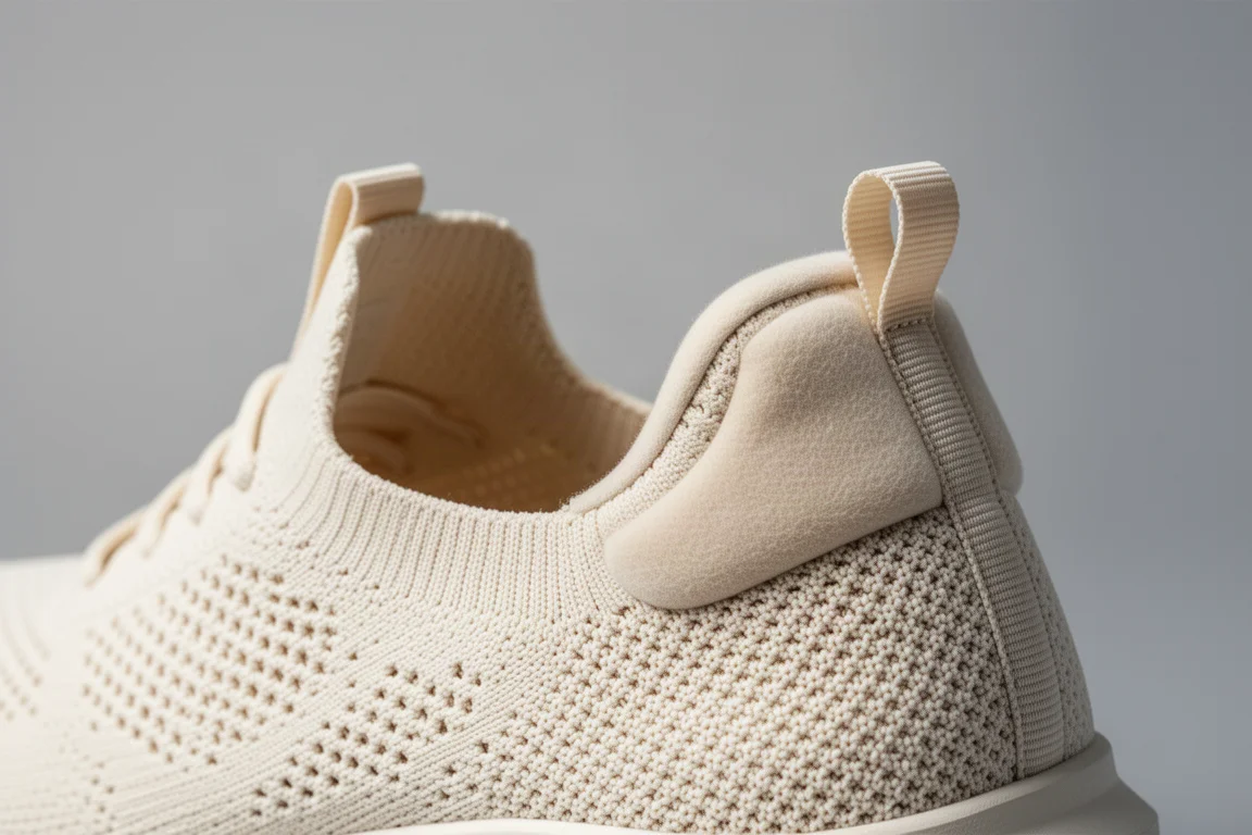 Tige en tricot et collier de talon d'une chaussure de running avec rembourrage moelleux et tirette