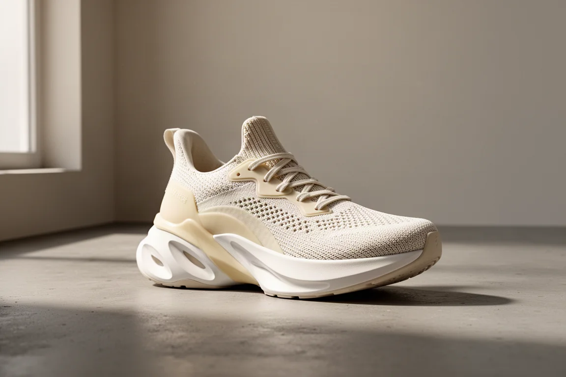 Scarpa da running ASICS Nimbus 25 nella colorazione crema su superficie di cemento